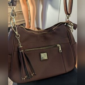 Jose Hess Brown leather shoulder bag with gold hardware and tassels
